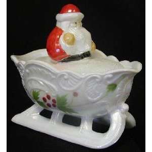  Hand Painted Milk Glass Santa on Sleigh Covered Dish 