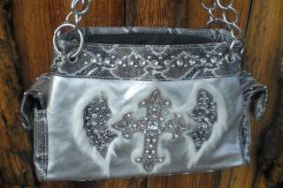 Western Silver Purse w/New Feather Wings & Rhinstone Cross Faux 