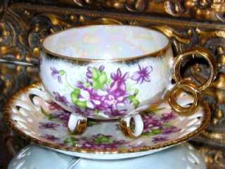 Royal Sealy 3 RING FOOTED Teacup VIOLETS IRIDESCENT Tea Cup and Saucer 