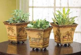 Fine decoupage scenes from a safari are on each of these tin pots for 