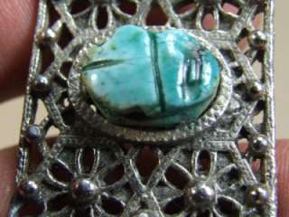   Deco Egyptian Revival Filigree Glass Turquoise Scarab Link Bracelet