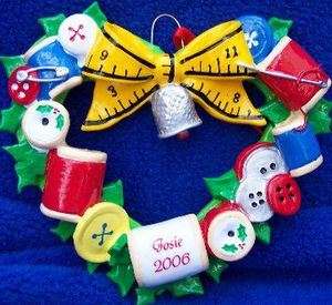 SEWING Wreath Orn. Thread Buttons Tape Measure Inscribe  