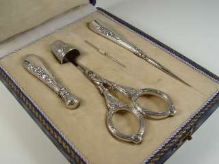 BEAUTIFUL SILVER POPPIES & LEAVES GERMAN SEWING SET W/CASE  