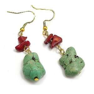   Inch Long Green Turquoise and Red Coral Nugget Earrings Jewelry