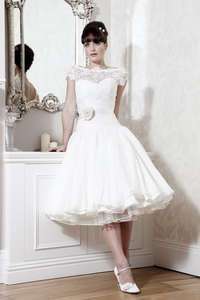 Short Sleeve Appliques Tea length Wedding Dress/Ball prom gowns/Custom 