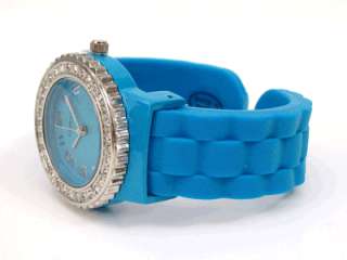 Turquoise Silicone Gel Band Crystal Bezel Bangle Cuff WATCH  