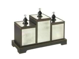 Antique Black Mirrored Decorative Canister Boxes Set of 3 w/ Tray Wood 