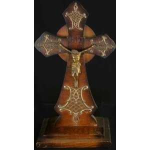    Vintage French Brass Wood Standing Cross Crucifix 