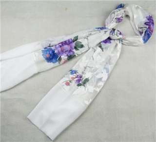 White Oblong Chiffon Silk Scarf Warp With Blue Flowers  