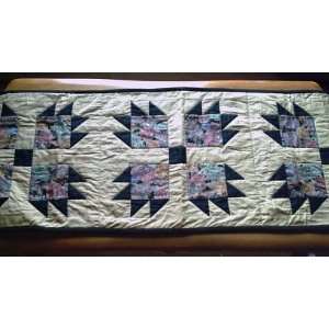  Hand Quilted Patchwork Table Runner in Soft Gold and Black 