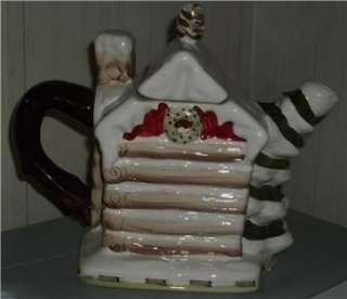    Large Cabin Teapot w/Snow Wreaths Pinecones Stone Chimney  