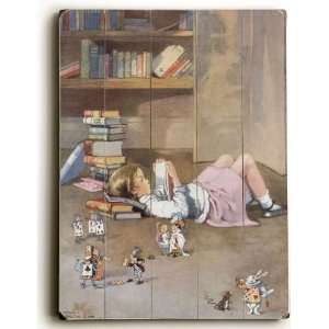  Wood Sign Girl Reading on Floor by unknown. Size 24.00 X 